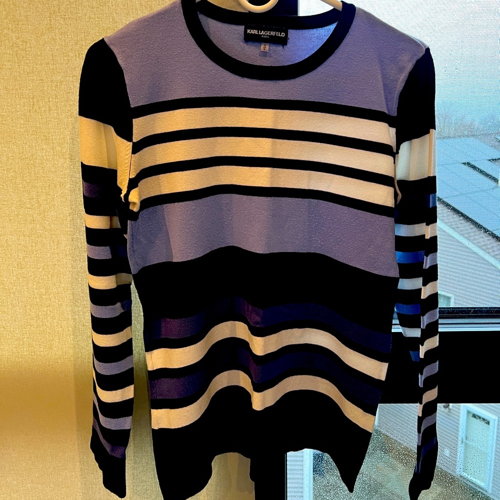 Karl Lagerfeld Women's Sz Small Knit Sweater Pullover Classic Stripe Blue Black